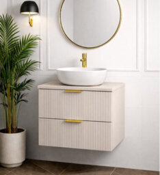 Impact Furniture Vanity Unit With Basin Beige Wall Hung Sink Cabinet Fluted Drawers 600mm Worktop Modern Adel - thumbnail 5