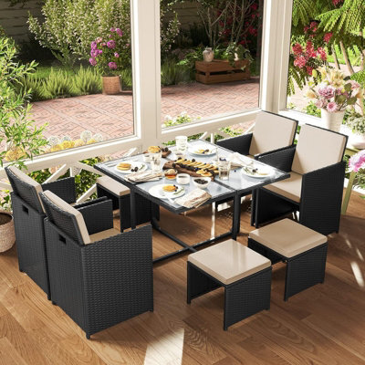 LEDREM Garden Furniture Set Dining Table And Chairs, Set Of 9 Pe Rattan Outdoor Patio Furniture, Dining Furniture, Black And Beige