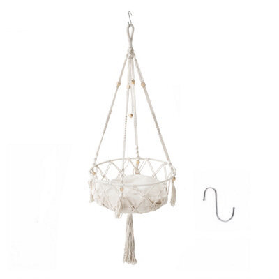 Living And Home Creamy White Bohemian Style Handwoven Cat Hammock Cat Bed With Soft Cushion, 40Cm W X 113Cm H - image 1