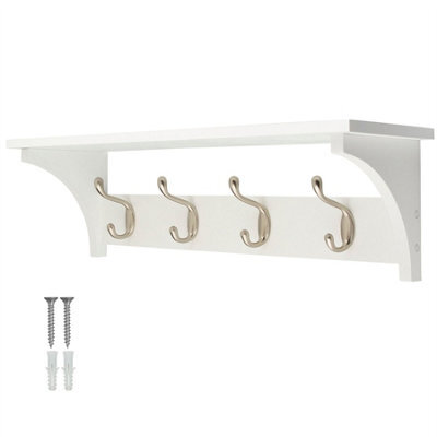 Keypak 4 Coat Rack White Wooden Storage Shelf 56Cm - Satin Nickel Hooks - Wall Mounted Rail For Hallways, Bedrooms & Kitchens - image 1