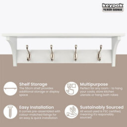 Keypak 4 Coat Rack White Wooden Storage Shelf 56Cm - Satin Nickel Hooks - Wall Mounted Rail For Hallways, Bedrooms & Kitchens - thumbnail 2