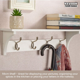 Keypak 4 Coat Rack White Wooden Storage Shelf 56Cm - Satin Nickel Hooks - Wall Mounted Rail For Hallways, Bedrooms & Kitchens - thumbnail 6