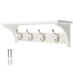 Keypak 4 Coat Rack White Wooden Storage Shelf 56Cm - Satin Nickel Hooks - Wall Mounted Rail For Hallways, Bedrooms & Kitchens
