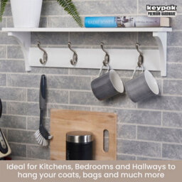 Keypak 4 Coat Rack White Wooden Storage Shelf 56Cm - Satin Nickel Hooks - Wall Mounted Rail For Hallways, Bedrooms & Kitchens - thumbnail 5