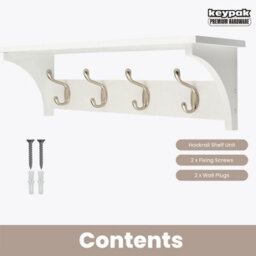 Keypak 4 Coat Rack White Wooden Storage Shelf 56Cm - Satin Nickel Hooks - Wall Mounted Rail For Hallways, Bedrooms & Kitchens - thumbnail 4