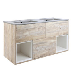 Homestylestore Light Oak 1212mm Wall Hung Bathroom Vanity Unit Led Lit Open Shelf And Pebble Basin - thumbnail 1