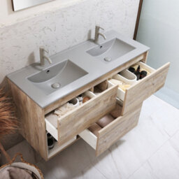 Homestylestore Light Oak 1212mm Wall Hung Bathroom Vanity Unit Led Lit Open Shelf And Pebble Basin - thumbnail 2