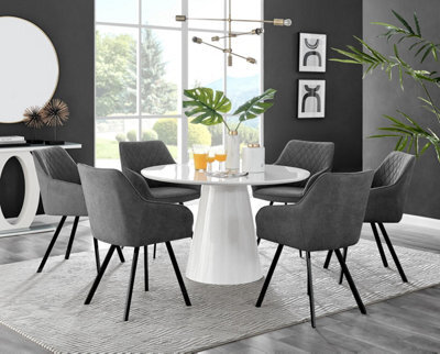 Furniturebox Uk Palma White High Gloss Round Dining Table & 6 Dark Grey Falun Black Leg Chairs - image 1