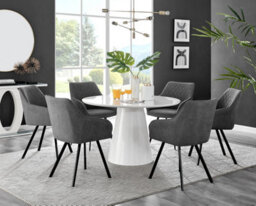 Furniturebox Uk Palma White High Gloss Round Dining Table & 6 Dark Grey Falun Black Leg Chairs - thumbnail 1