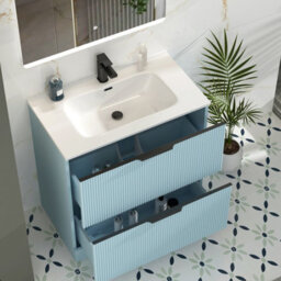 Royal Bathrooms Evora 800mm Powder Blue Fluted Floor Standing Bathroom Vanity Unit 2 Drawer Cabinet With Ceramic Basin & Matt Black Handles - thumbnail 3