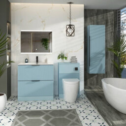 Royal Bathrooms Evora 800mm Powder Blue Fluted Floor Standing Bathroom Vanity Unit 2 Drawer Cabinet With Ceramic Basin & Matt Black Handles - thumbnail 2