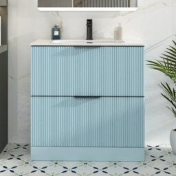 Royal Bathrooms Evora 800mm Powder Blue Fluted Floor Standing Bathroom Vanity Unit 2 Drawer Cabinet With Ceramic Basin & Matt Black Handles - thumbnail 1