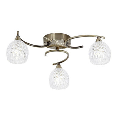Luminosa Lighting Luminosa Boyer 3 Light Semi Flush Multi Arm Ceiling Light Antique Brass, Glass, G9
