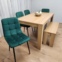 Kosy Koala Oak Effect Dining Table Set With 4 Green Velvet Chairs And Bench Dining Room Furniture - thumbnail 8