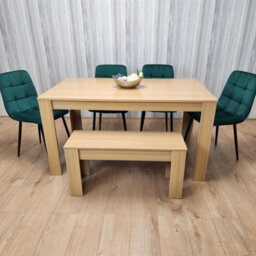 Kosy Koala Oak Effect Dining Table Set With 4 Green Velvet Chairs And Bench Dining Room Furniture