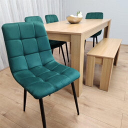 Kosy Koala Oak Effect Dining Table Set With 4 Green Velvet Chairs And Bench Dining Room Furniture - thumbnail 3