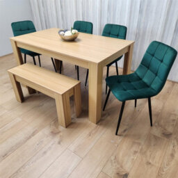 Kosy Koala Oak Effect Dining Table Set With 4 Green Velvet Chairs And Bench Dining Room Furniture - thumbnail 2