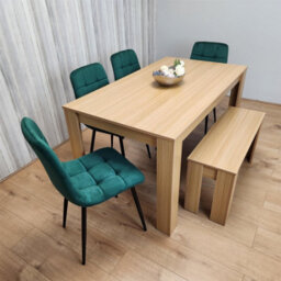 Kosy Koala Oak Effect Dining Table Set With 4 Green Velvet Chairs And Bench Dining Room Furniture - thumbnail 4