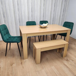 Kosy Koala Oak Effect Dining Table Set With 4 Green Velvet Chairs And Bench Dining Room Furniture - thumbnail 6