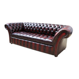Chesterfield 3 Seater Buttoned Seat Sofa Antique Oxblood Red Real Leather In Balmoral Style - thumbnail 3