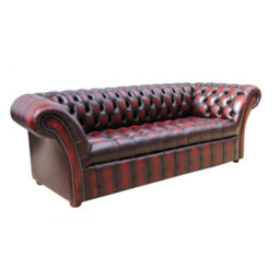 Chesterfield 3 Seater Buttoned Seat Sofa Antique Oxblood Red Real Leather In Balmoral Style - thumbnail 2