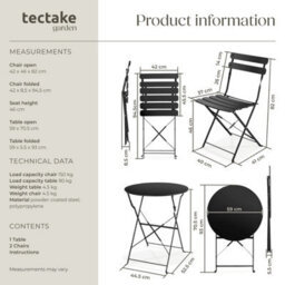 Tectake Garden Table And Chairs Frieda - 2 Seater, For Balconies, Patios & Terraces, Folding & Lightweight - Black - 1 - thumbnail 6