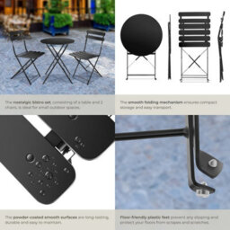 Tectake Garden Table And Chairs Frieda - 2 Seater, For Balconies, Patios & Terraces, Folding & Lightweight - Black - 1 - thumbnail 5