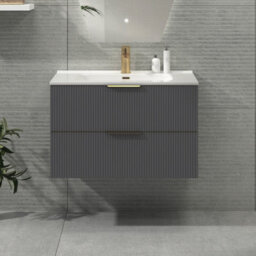 Royal Bathrooms Evora 800mm Graphite Grey Fluted Wall Hung Bathroom Vanity Unit 2 Drawer Cabinet With Ceramic Basin & Brushed Brass Handles