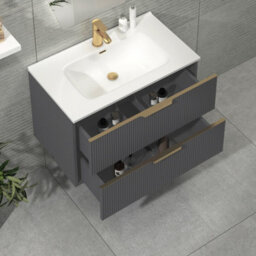 Royal Bathrooms Evora 800mm Graphite Grey Fluted Wall Hung Bathroom Vanity Unit 2 Drawer Cabinet With Ceramic Basin & Brushed Brass Handles - thumbnail 5