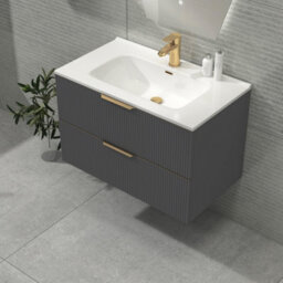 Royal Bathrooms Evora 800mm Graphite Grey Fluted Wall Hung Bathroom Vanity Unit 2 Drawer Cabinet With Ceramic Basin & Brushed Brass Handles - thumbnail 6