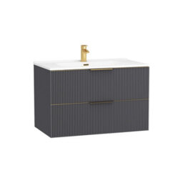 Royal Bathrooms Evora 800mm Graphite Grey Fluted Wall Hung Bathroom Vanity Unit 2 Drawer Cabinet With Ceramic Basin & Brushed Brass Handles - thumbnail 7
