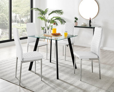 Furniturebox Seattle Scandi Inspired Glass And Black Metal Leg Square Dining Table & 4 White Milan Faux Leather Silver Leg Chairs - image 1
