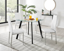 Furniturebox Seattle Scandi Inspired Glass And Black Metal Leg Square Dining Table & 4 White Milan Faux Leather Silver Leg Chairs