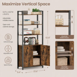 Ledrem Bookcase, 6-Tier Tall Shelving Unit With Doors, Living Room Storage, 60 X 24 X 159.5 Cm, Brown And Black - thumbnail 7