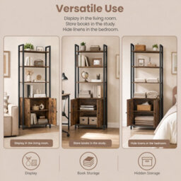 Ledrem Bookcase, 6-Tier Tall Shelving Unit With Doors, Living Room Storage, 60 X 24 X 159.5 Cm, Brown And Black - thumbnail 8