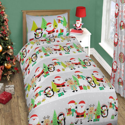 Velosso Whimsical Gnome Print Duvet Cover & Pillowcase Set, Christmas Bedding, Button Enclosure, Machine Washable Holiday Bed Linen - Red