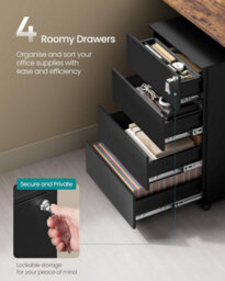 Songmics Mobile File Cabinet, Lockable, With 4 Drawers, Hold Documents, Stationery, Pre-Assembled, Office, Home Office, Ink Black - thumbnail 3
