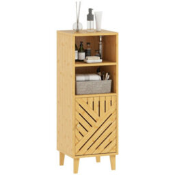 Natural Narrow Bathroom Cabinet With Open Compartments