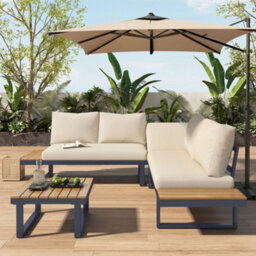 Abrihome 4-5 Seater Reclining Garden Lounge Set, 4-Piece Outdoor Patio Corner Sofa With Wpc Coffee Table, Beige Fabric & Dark Grey - thumbnail 3