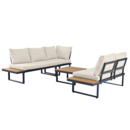 Abrihome 4-5 Seater Reclining Garden Lounge Set, 4-Piece Outdoor Patio Corner Sofa With Wpc Coffee Table, Beige Fabric & Dark Grey - thumbnail 7