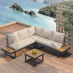 Abrihome 4-5 Seater Reclining Garden Lounge Set, 4-Piece Outdoor Patio Corner Sofa With Wpc Coffee Table, Beige Fabric & Dark Grey - thumbnail 2