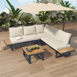 Abrihome 4-5 Seater Reclining Garden Lounge Set, 4-Piece Outdoor Patio Corner Sofa With Wpc Coffee Table, Beige Fabric & Dark Grey