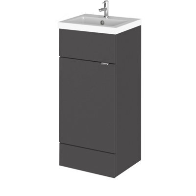 Hudson Reed Fusion Floor Standing 1 Door Vanity Unit & Polymarble Basin, Stylish Vanity Unit With Basin, Gloss Grey, 400mm - image 1