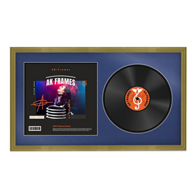 "30X17"" Gold Classic Vinyl Record Frame With Blue Mount For 12 Inch Lp Album Cover & Disc - Ak Frames" - image 1