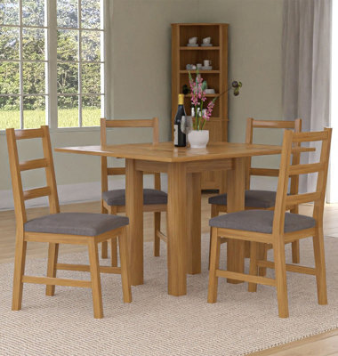Hallowood Furniture Waverly Small Folding Table With 4 Ladder Back Oak Chairs With Steel Grey Fabric Seats - image 1