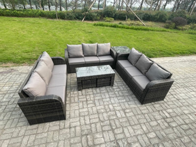 Fimous 11 Seater Outdoor Lounge Sofa Set Rattan Garden Furniture Set With Rectangular Coffee Table Side Table 2 Small Footstools - image 1