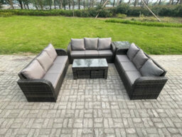Fimous 11 Seater Outdoor Lounge Sofa Set Rattan Garden Furniture Set With Rectangular Coffee Table Side Table 2 Small Footstools - thumbnail 2