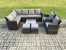 Fimous Rattan Garden Furniture Set Outdoor Lounge Corner Sofa Set With Square Coffee Table 2 Small Footstools Armchair 10 Seater - thumbnail 1