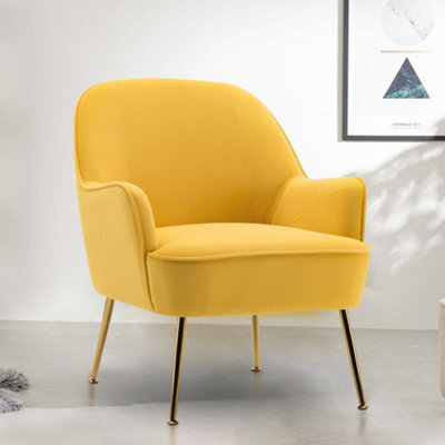 Living And Home Yellow Velvet Effect Relaxer Chair Occasional Armchair With Gold Plated Feet Yellow - image 1