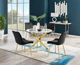 Furniturebox Novara White Marble Effect 100Cm Round Dining Table With Gold Starburst Legs & 4 Black Velvet Pesaro Chairs